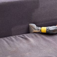 Professional dry cleaning of the sofa with a special chemical solution and a washing vacuum cleaner.